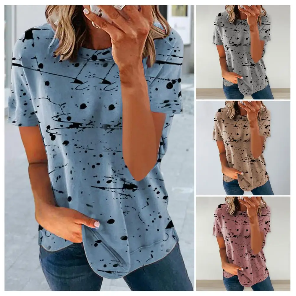 

Lightweight Short-sleeve Top Breathable Casual Summer T-shirt with Soft Loose Fit Color Matching Round Neck for Women