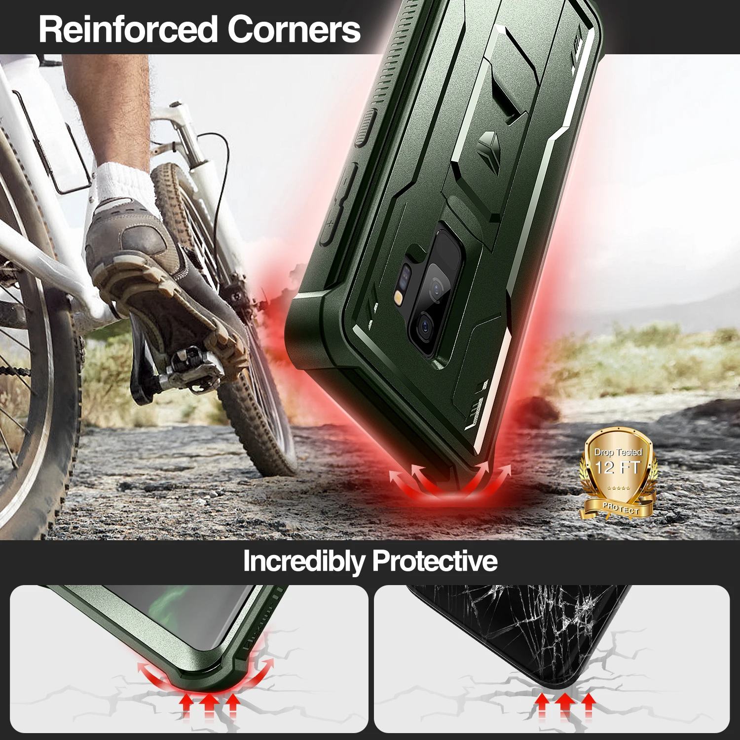 2 in 1 범퍼 등급 충격 방지 커버(스크린 필름 내장) 360 보호 삼성 Galaxy S9 plus용 브래킷이 포함된 하드 케이스