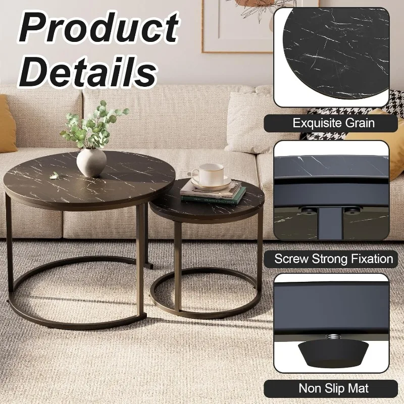 Round Nesting Coffee Table Side Set of 2 End Tables for Living Room Bedroom Balcony,Faux Marble Wooden Table 23.6IN Accent Large 5