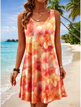 Women's Round Neck Sleeveless Tropical Hibiscus Print Casual A-Line Mini Dress, Beach Tank Dresses for Spring & Summer 1