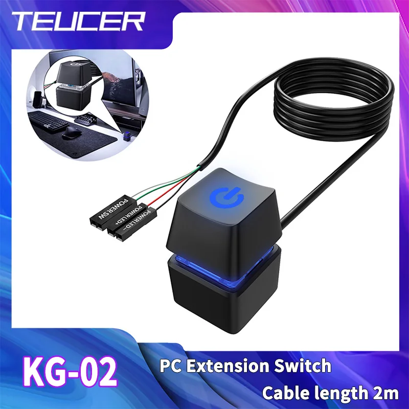 Computer Power Button Cable TEUCER KG-1 2m Computer Desktop Switch LED Light Motherboard External Start Power On/Off Button Extension Cable for Home Office
