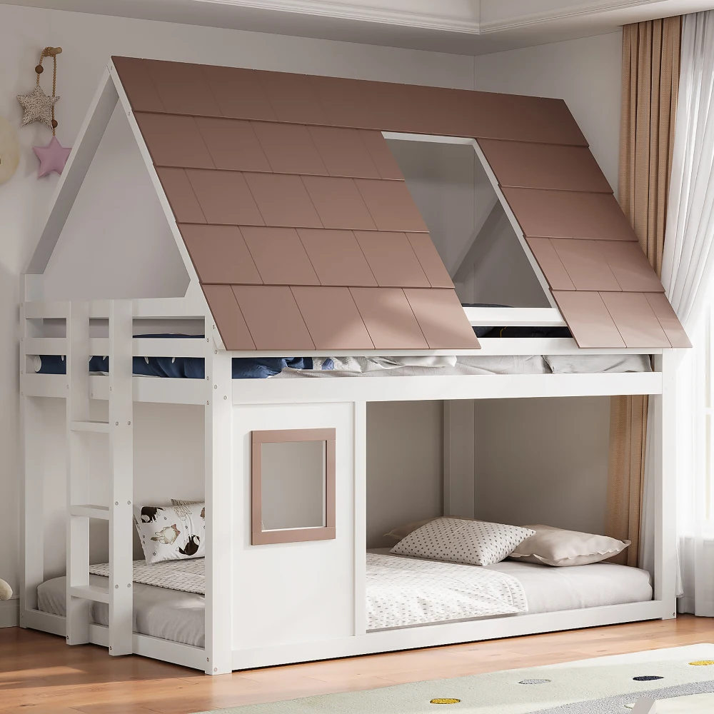 140 X 200cm Holz-Etagenbett mit Dach und Leiter, Hausförmiges Etagenbett mit Fenster und Integrierter Leiter, Geeignet für Schlafzimmer – Detail 2