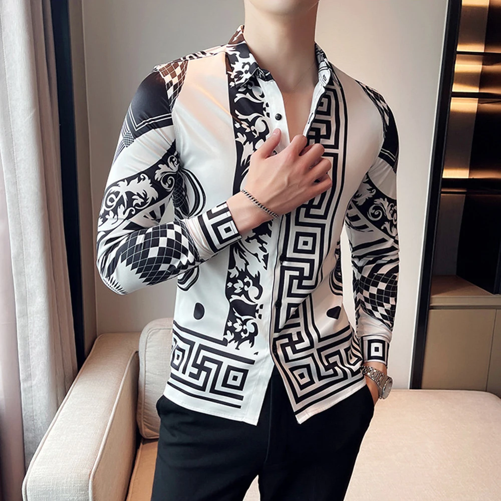 

2024 Spring Autumn Luxury Printed Baroque Mens Long Sleeve Shirt Business Casual Floral Shirt Slim Fit Social Top Men Streetwear