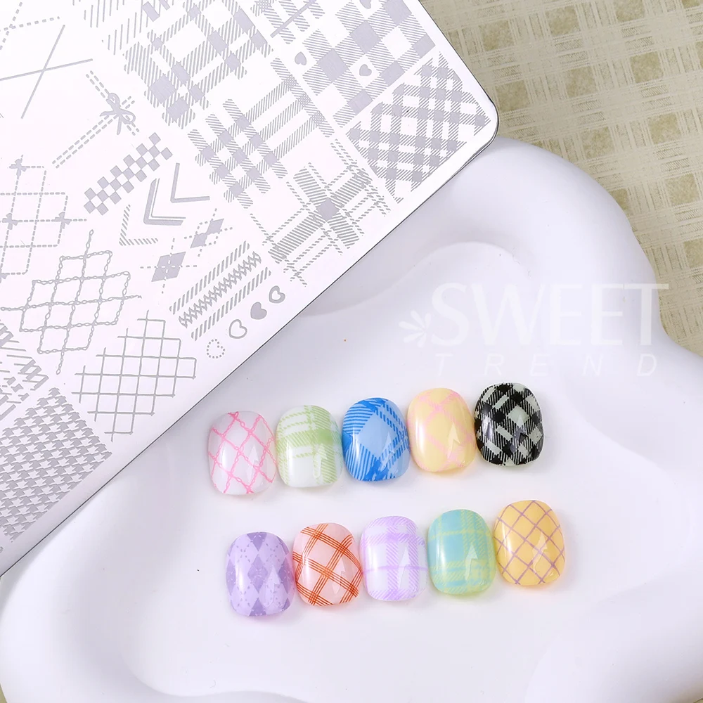 SWEET TREND-우아한 그리드 네일 스탬핑 플레이트 14.5X9.5cm 격자 무늬 라인 스트라이프 디자인 DIY 인쇄 네일 아트 플레이트 매니큐어 도구