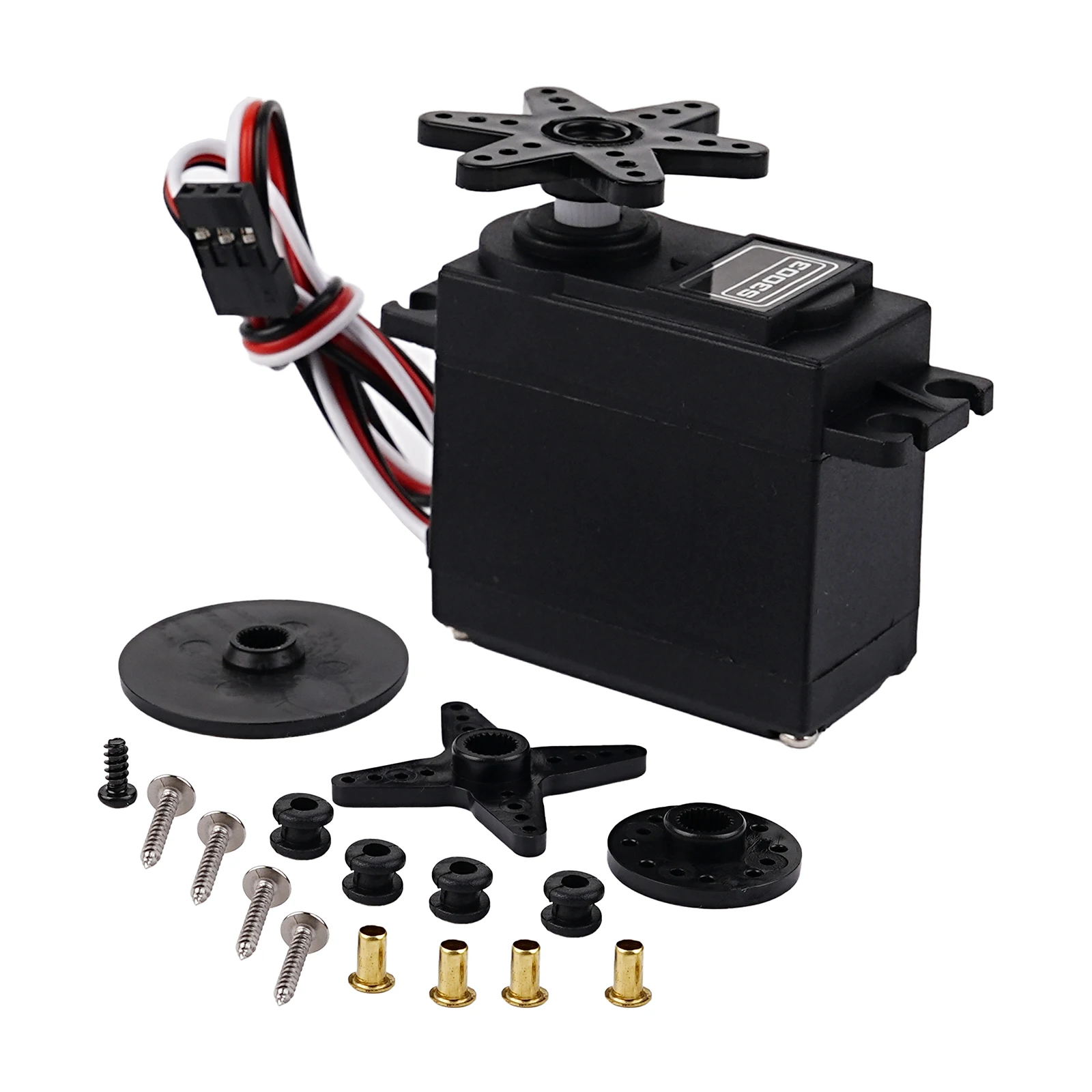 Servomoteur RC S3003 en position 180°, illustrant sa rotation précise pour modélisme.