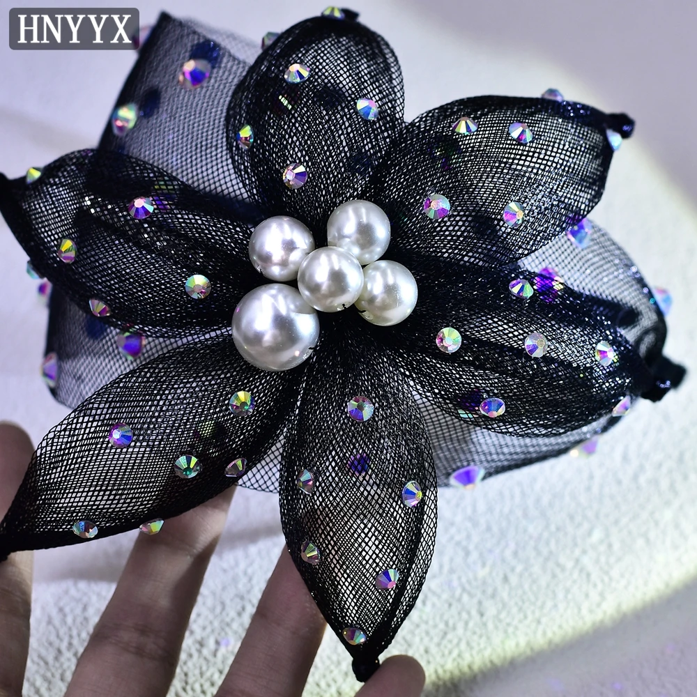 HNYYX Vintage Black Flower Hair Accessory Pearl Headband
