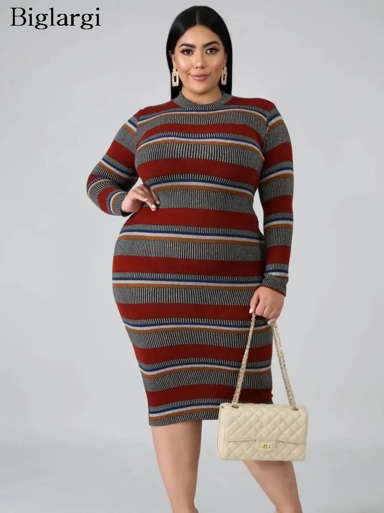 

Plus Size Autumn Pullover Striped Print Midi Dress Women Bodycon Fashion Long Sleeve Ladies Dresses Casual Woman Dress 2023