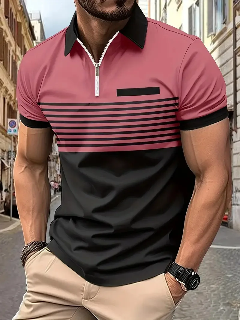 New Summer Striped 3D Printed Men's Polo T Shirt Fashion Lapel Button Zipper Top Hipster Trend Streetwear Short Sleeve Tops 8 S3f9ebe653feb458fa4337ee0ce5592e8k