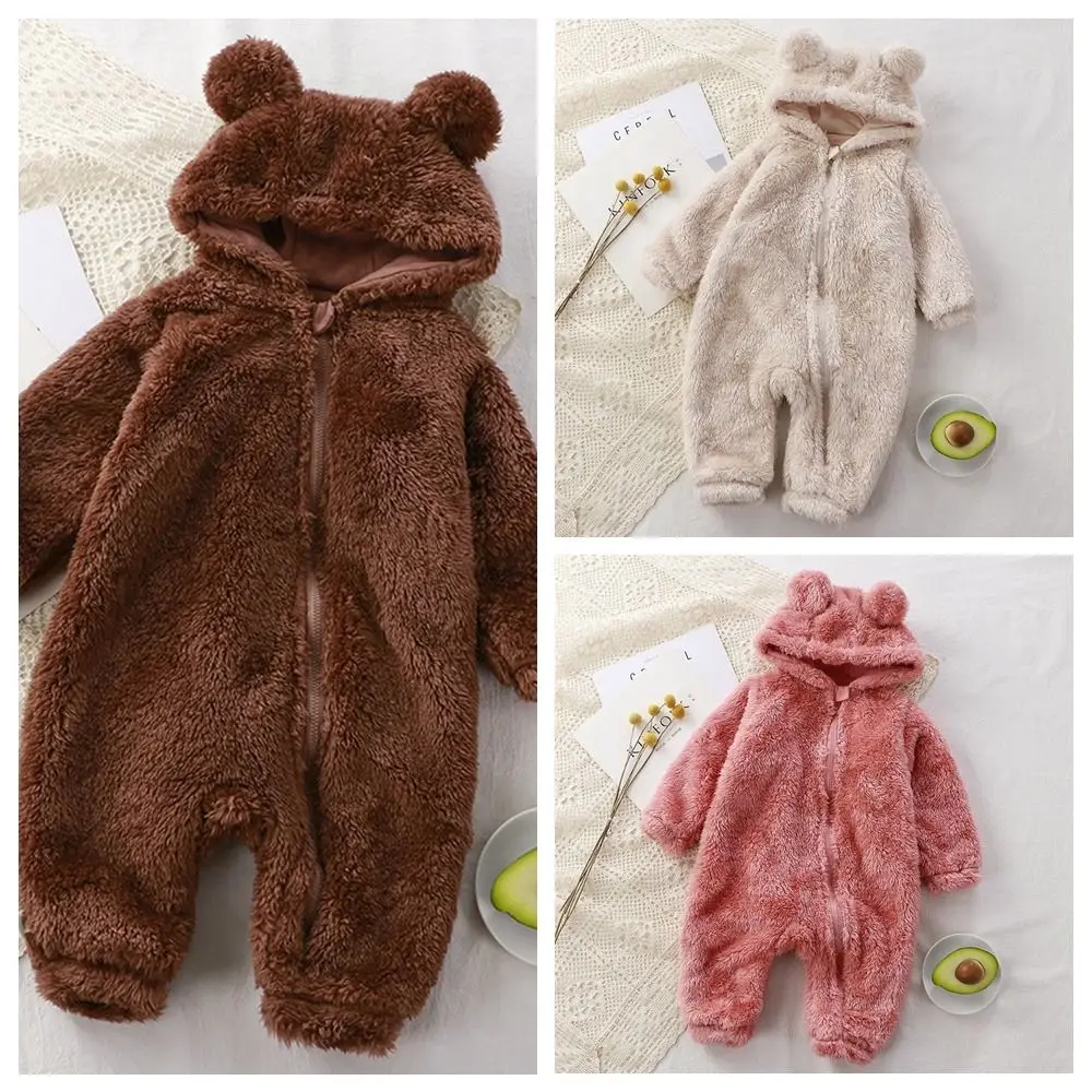 Thick Warm Baby Rompers Coral Fleece Soft Velvet Infant Jumpsuits Bear Shape Hooded Zipper Newborn Pajamas Winter Season