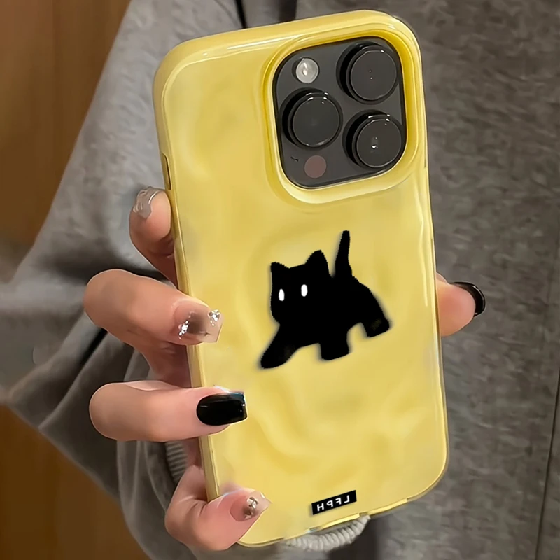 Chic Black Fuzzy Cat Shockproof Phone Case - Candy Color Wave Pattern Protective Cover