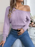Autumn and Winter Casual Elegant Slash Neck Off shoulder Long Sleeved Knitted Pullover Sweater for Women - Image 6