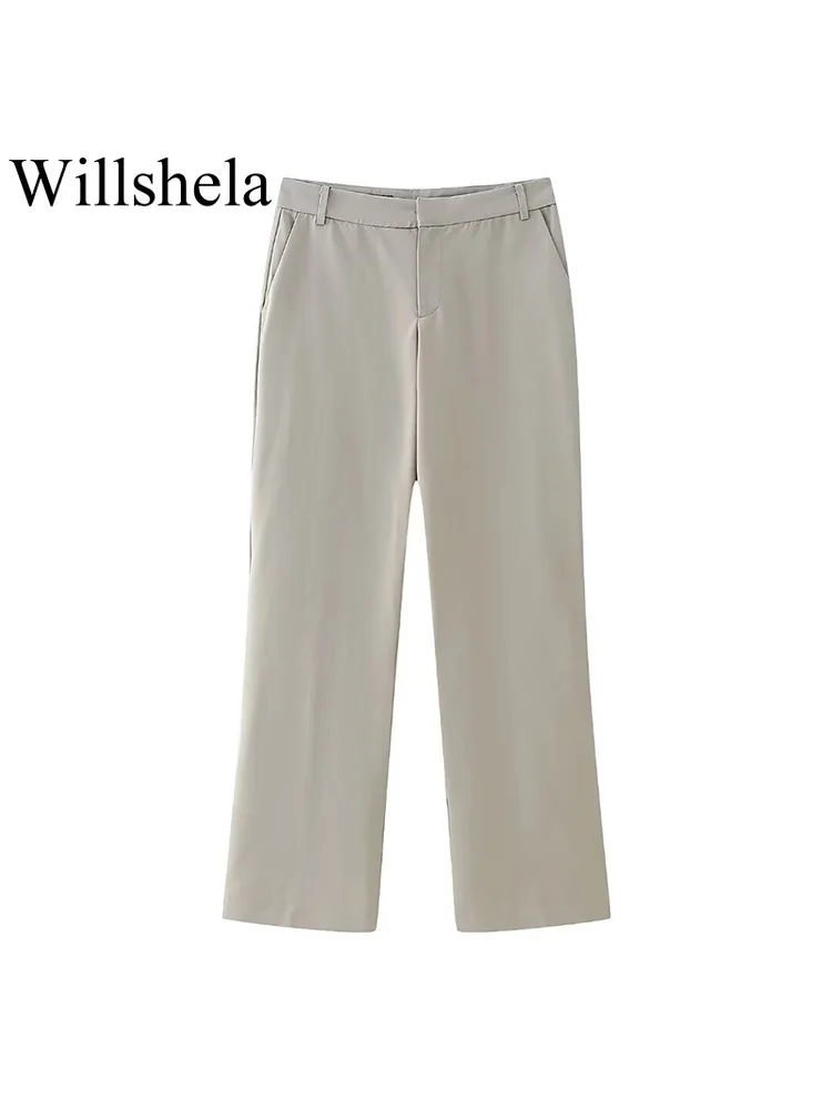 

Willshela Women Fashion Khaki Front Zipper Straight Pants Vintage High Waist Full Length Female Chic Lady Trousers