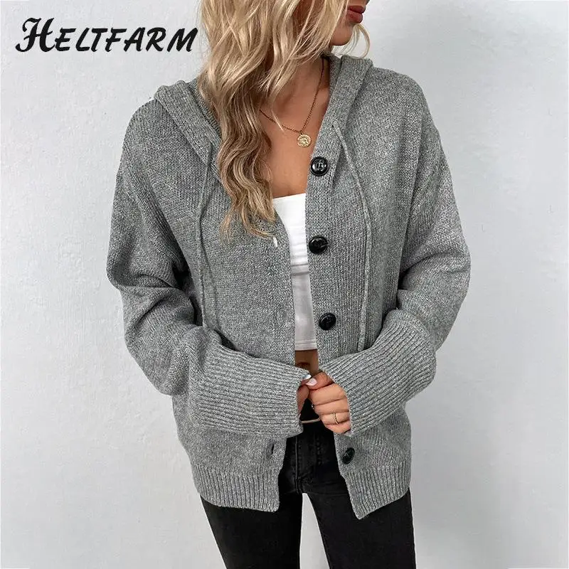 

Women Solid Hooded Cardigan Sweater Jacket Long Sleeve Button Loose Knit Cardigans Coat
