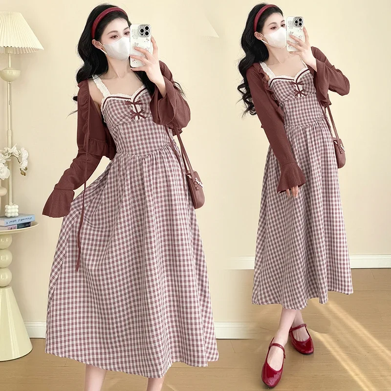 Spring Maternity Dress Suits Long Flare Sleeve Cardigans Lace Strap Plaid Dress Twinset Pregnant Woman Party Clothing Set