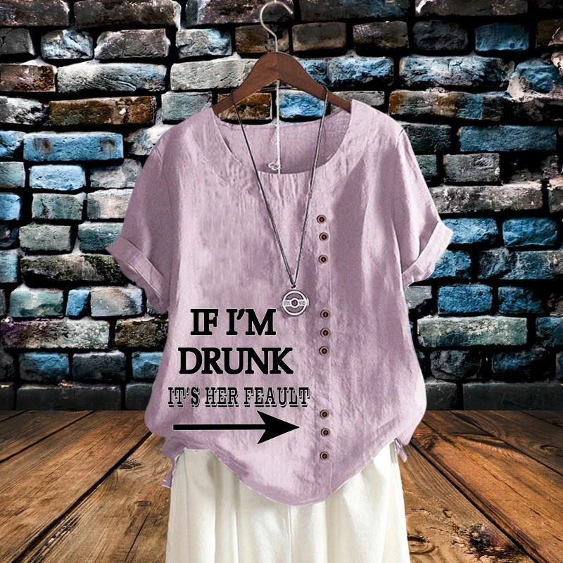 

Summer New Fashion Women's Casual Solid Color Plus Size Linen Shirts Round Neck Elements Letter Print Short Sleeve Loose Tops