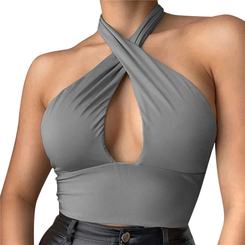 Women Strappy Cross Over Front Cut Out Halter Neck Sleeveless Backless Crop Top Bandage Vest Summer Sexy Tops Woman Clothes nude camisole Tanks & Camis