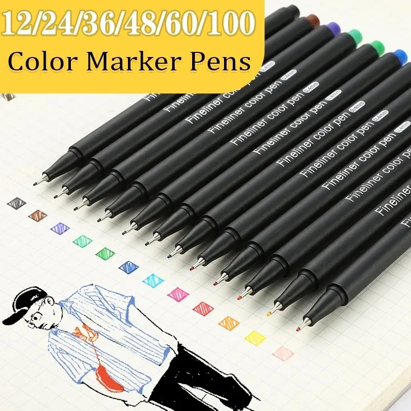 12-100 Colors Fine Line Pens 0.4mm Fine Tip Watercolor Markers for Manga Art Sketching School Stationery Artist Office Supplies