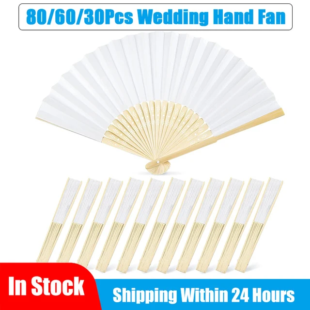 80/60/30Pcs Wedding Hand Fan White Paper Fan Handheld Bamboo Fan