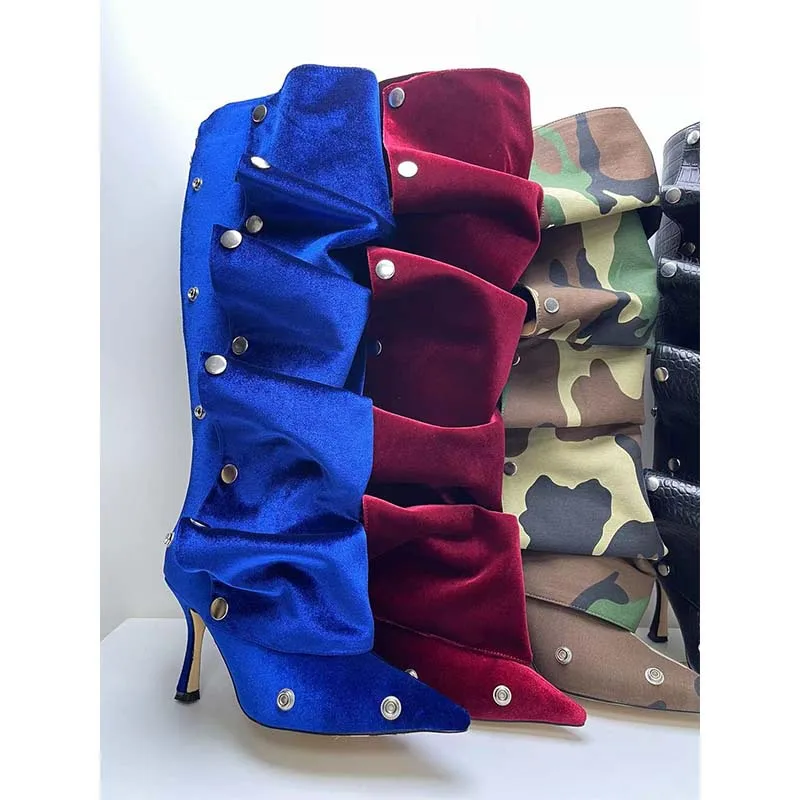 

Camouflage Button Pointed Toe Knee-High Boots Woman Winter 2024 Metal Rivet Wine Red Two-Piece Stacked Long Boot Shoes for Women