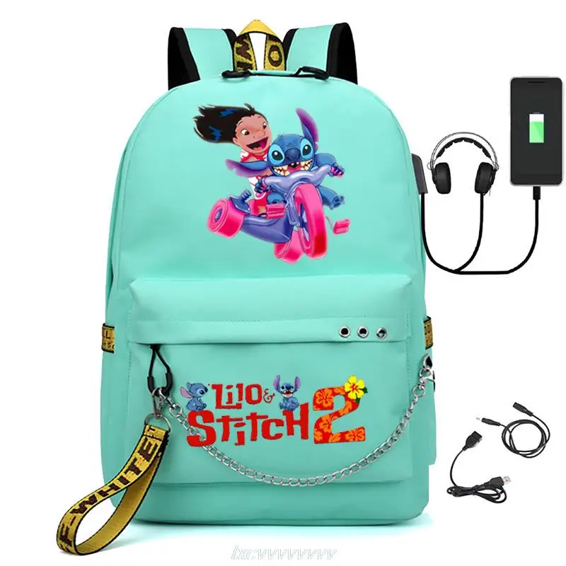 Disney Stitch Backpacks Women Men Student USB Charge Canvas Backpack Print School Bag Teenager Girls Ribbons Mochila