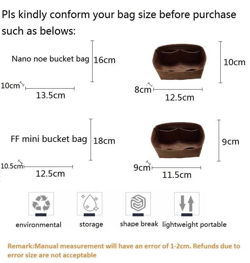 Fits For Nano Noe Bucket Bag Felt Cloth Insert Organizer Makeup Handbag Travel Inner Purse Cosmetic Toiletry Bags