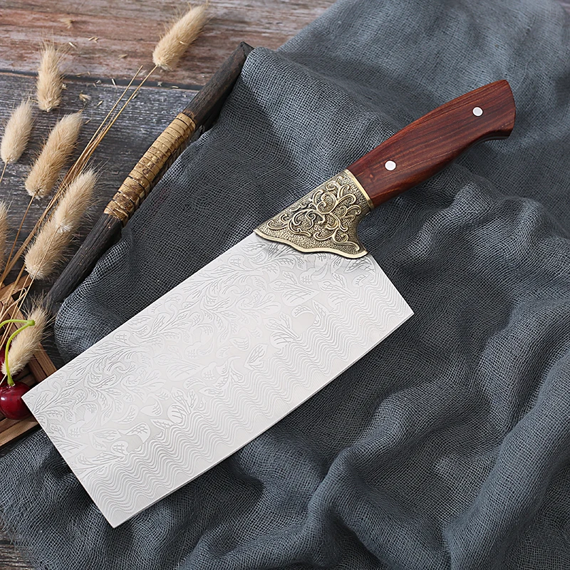 

Бытовой кухонный нож из нержавеющей стали, Нож двойного назначения Sharp Cut, деревянная ручка, нож для нарезки шеф-повара, изысканный узор