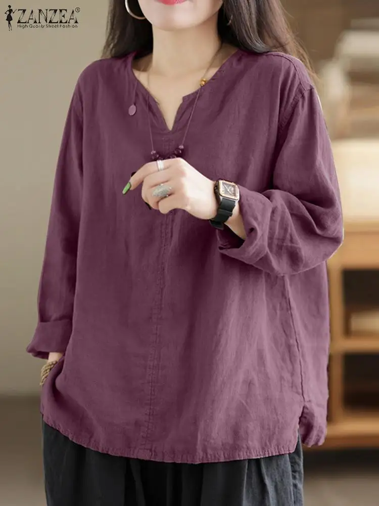 

Блузка ZANZEA женская с V-образным вырезом и длинным рукавом, модная Однотонная рубашка свободного покроя для отдыха, рабочая сорочка в стиле оверсайз, весна-осень
