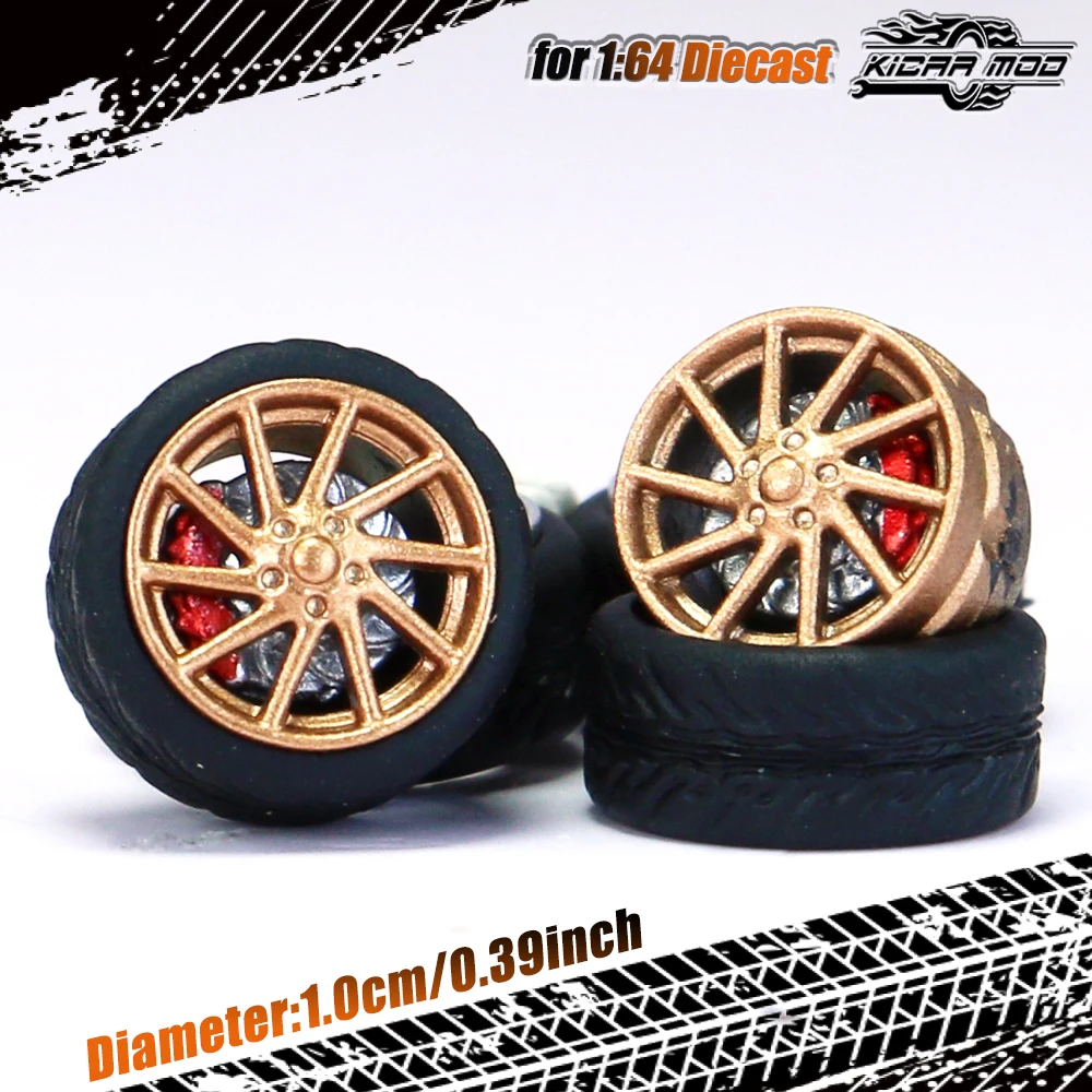 Kicarmod 1/64 Model Car ABS Wheels with Rubber Tire Brake Disc Refitting Parts Diameter 10mm For Model Car Tomica MINI GT