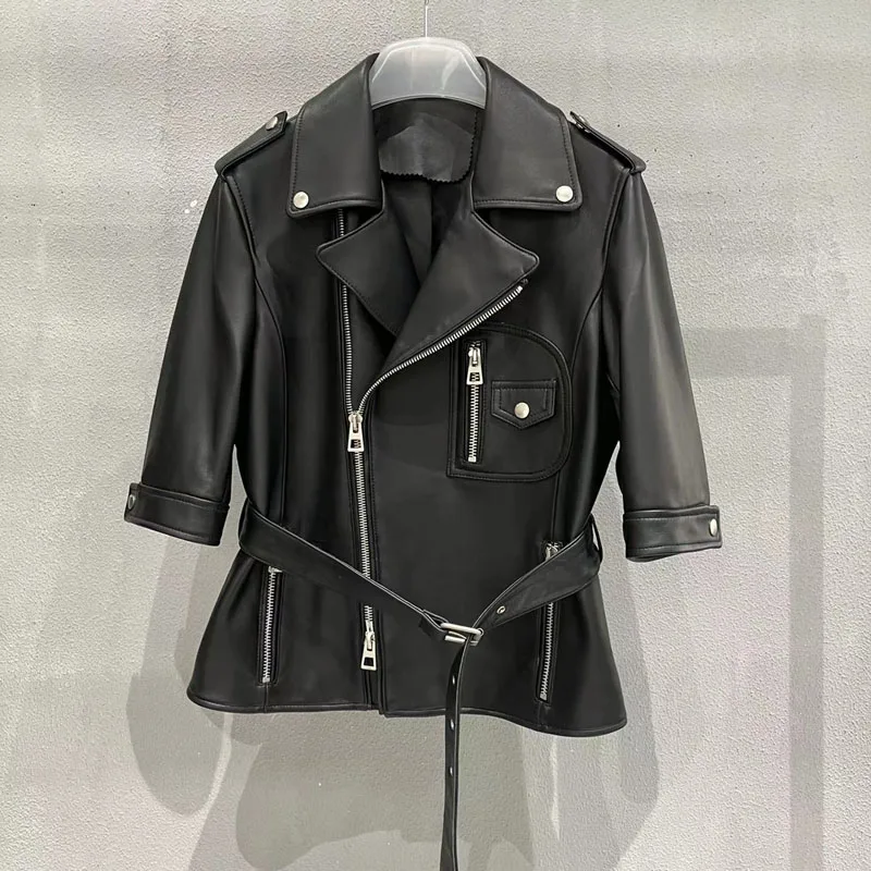 

Genuine Leather Jacket Short Length Coat Spring And Autumn Women 2023New Fashion Half Sleeve Turn-Down Collar Clothes With Belt