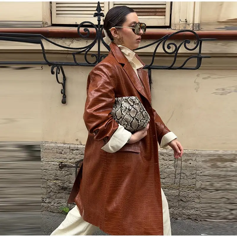 Crocodile Embossed Trench Coat Lapel Collar Button‑Front 2026 Autumn Women Vintage Outerwear Trendy Lady Casual Overcoat