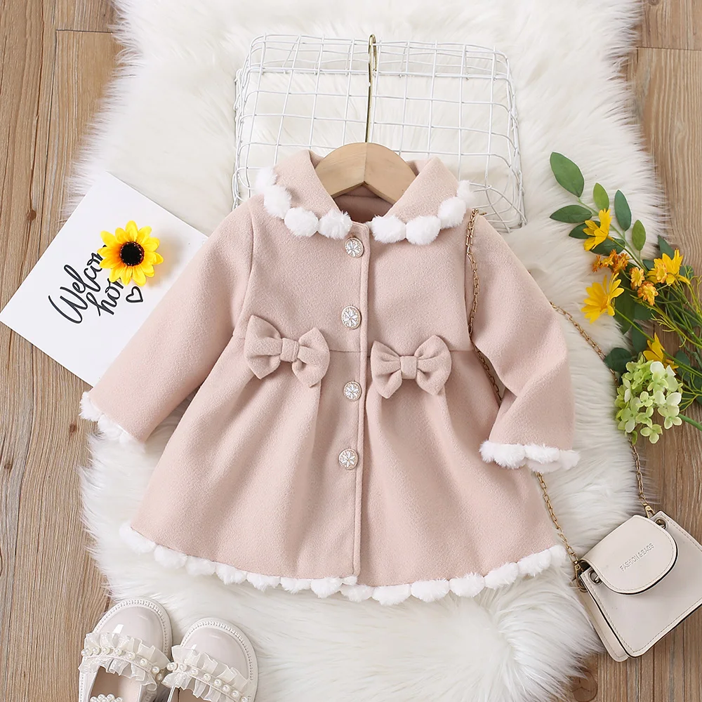 Casual Girls' Coat Spring And Autumn Baby Girl Double Bow Single Breasted Fur Cuffs Base Color Fashionable Coat girls winter coat girls outerwear