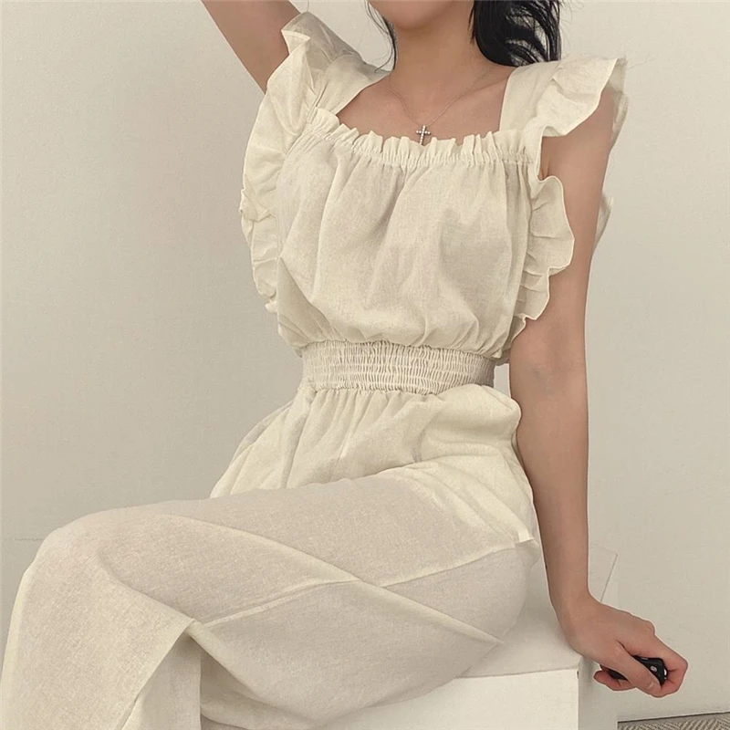 2023 Summer Women Vintage Ruffled Square Neck Elegant Jumpsuits Korean Fashion High Waist Wide Leg Pants Chic Streetwear Rompers