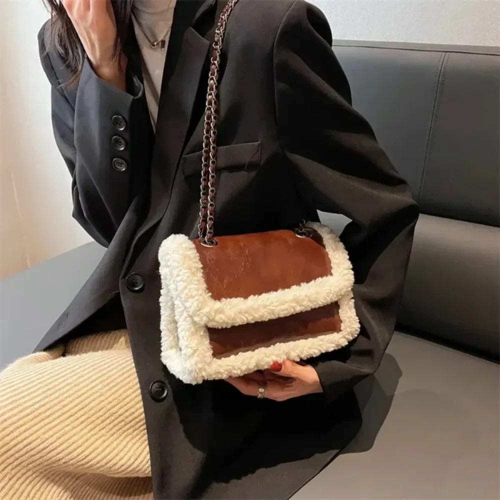 Retro Chain Shoulder Bags for Women PU Leather Fleece Flap Handbag Tote Fashion Female Faux Suede Splicing Crossbody Bag 숄더백