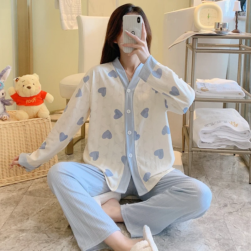 Autumn milk silk pajamas women's jacquard V-neck cardigan button double-length 2-piece pajamas women's simple casual home wear