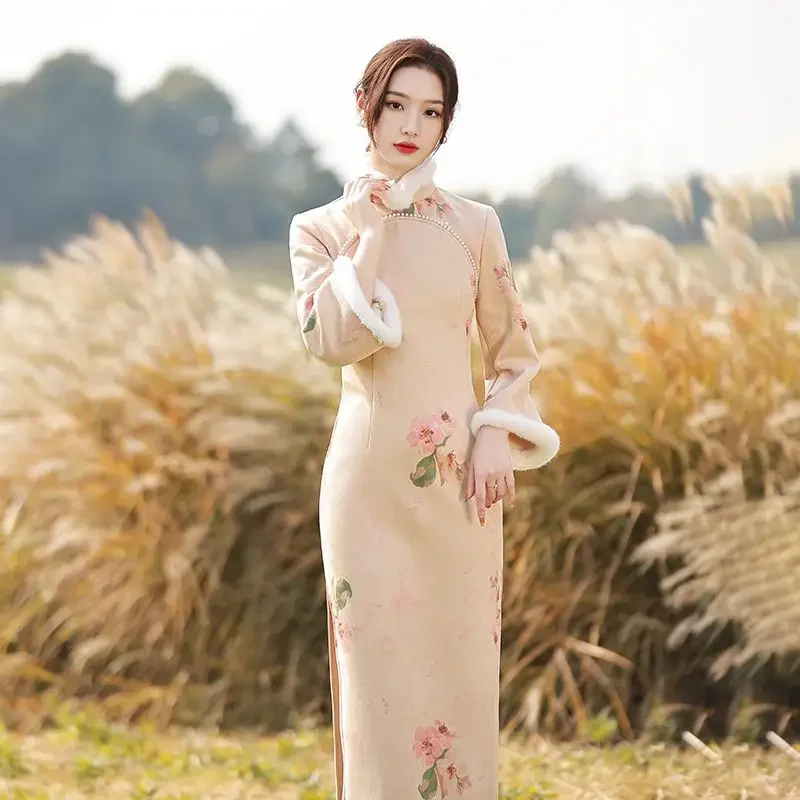 

Winter Qipao 2023 Suede Autumn Style Thickened Elegant Inverted Sleeves Retro Chinese Style Women's Wear Long Dresses