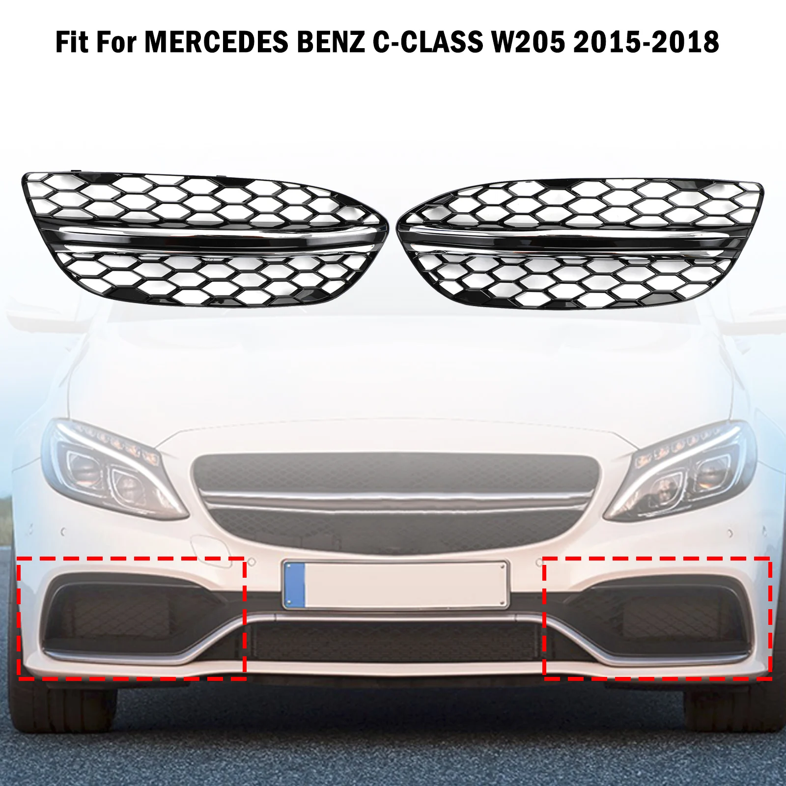 

Areyourshop Black Chrome Front Fog Light Cover fit for MERCEDES BENZ C-CLASS W205 2015-2018
