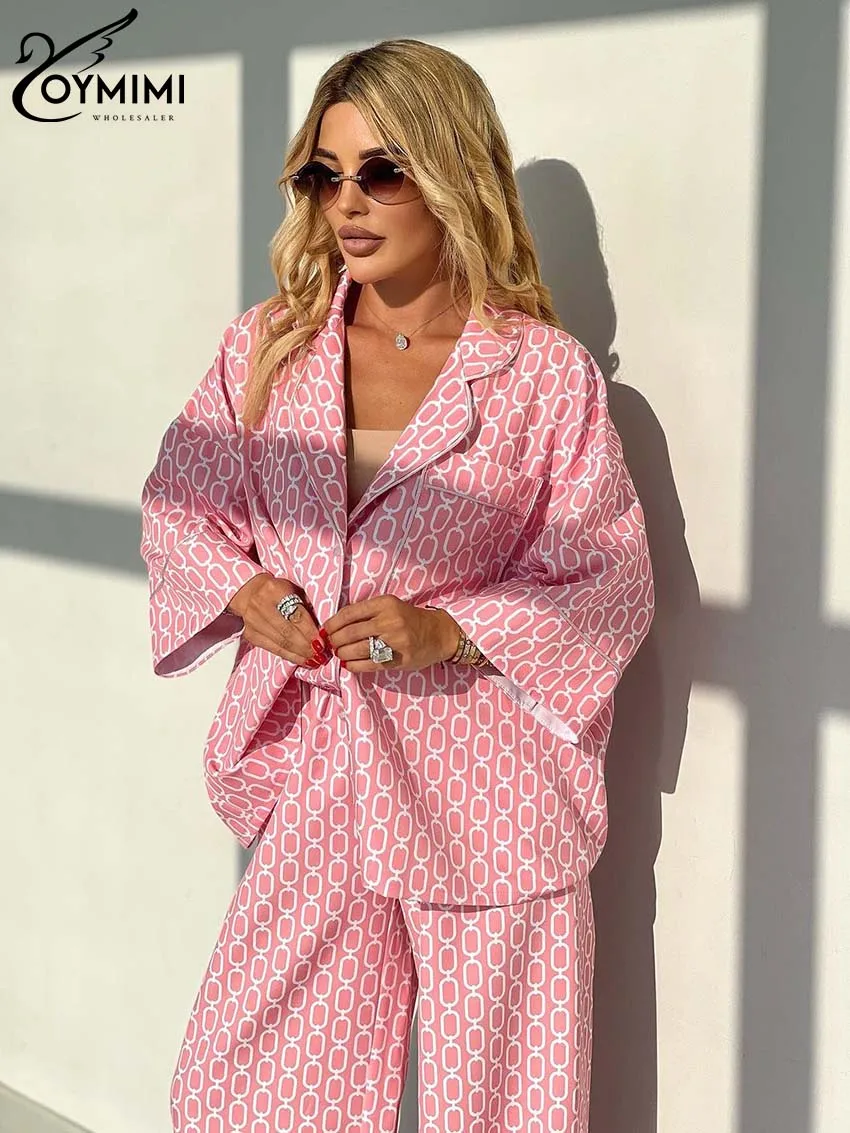 Oymimi Casual Pink Print Sets Womens 2 Piece Fashion Loose Three Quarter Sleeve Pockets Shirts And Straight Trousers Female Sets