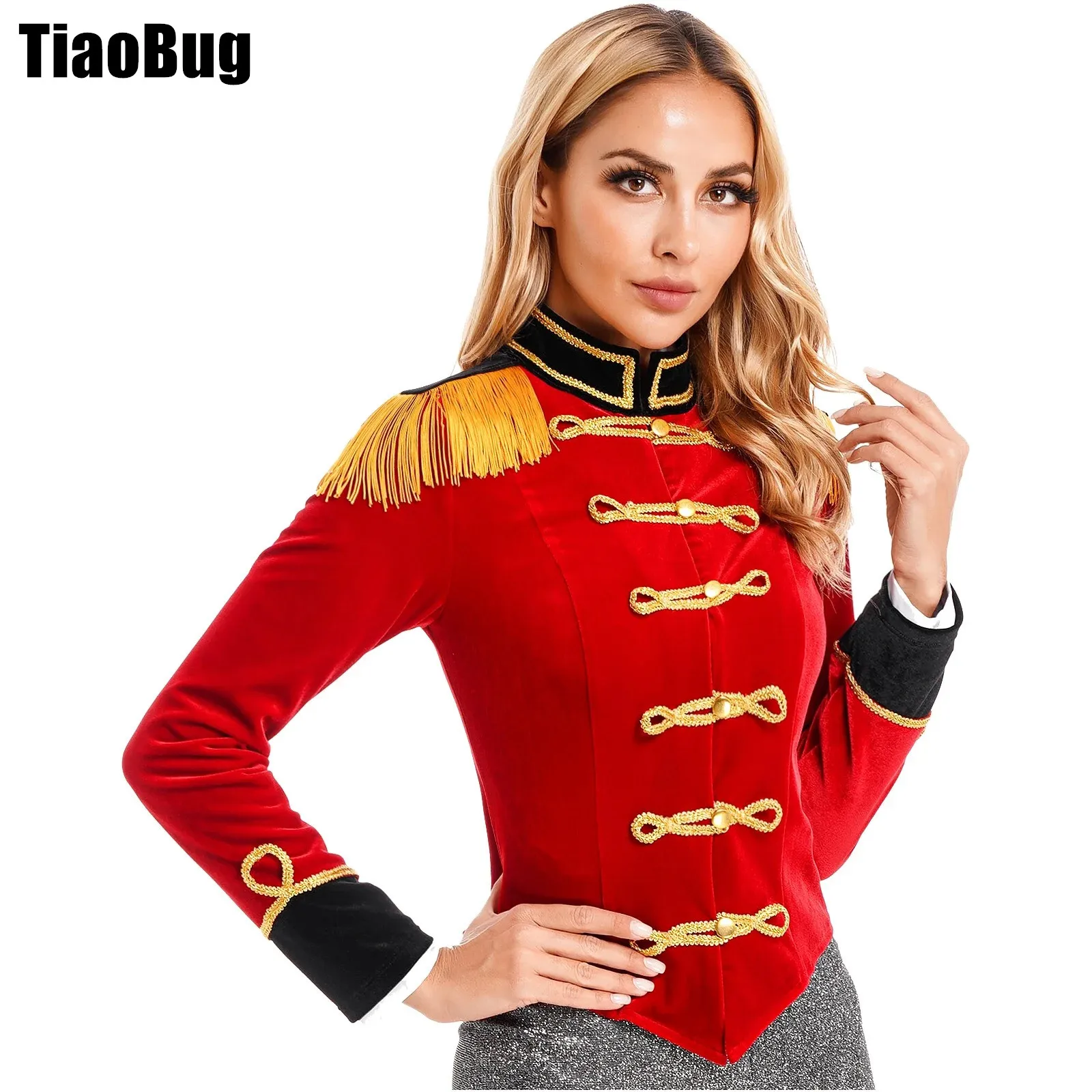

Womens Velvet Jacket Circus Ringmaster Halloween Cosplay Costume Stand Collar Fringed Shoulder Board Coat Costume