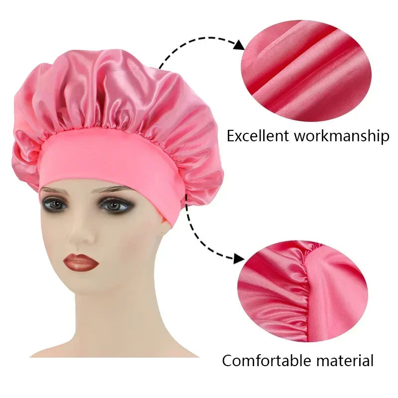Silk Bonnet Solid Color Women's Satin Wide-brimmed Sleeping Hat Unisex Silk Imitation Head Wrap Elastic Band Cap Hair Care Bonnet Night Hat