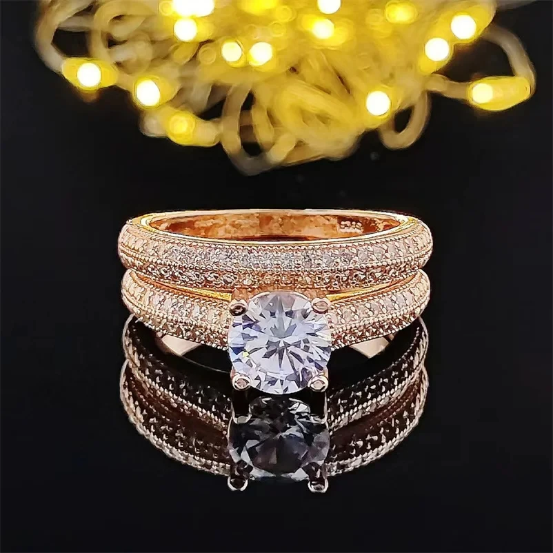 CC Rose Gold Color Ring Set For Women 2pcs Double Stackable