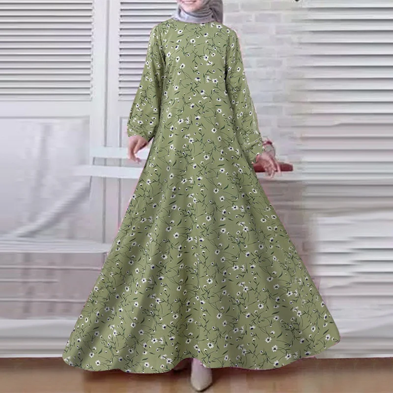 Women's Muslim Robe Dress Plus Size Floral Printed Vintage Casual Full Sleeve Long Dress Islamic Prayer Female Vestidoes