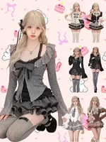 Vintage 3 Piece Skirt Suit Women Kawaii Ruffles Cardigan Outwear Bodycon Vest Blouse + Slim Y2k Skirts Evening Party Lolita Sets 1