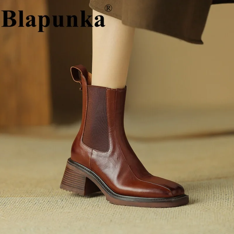 

Blapunka Genuine Leather Boots Women Block Heels Square Toe Chelsea Boots Retro Woman High Heeled Autumn Winter Shoes 39 Classic