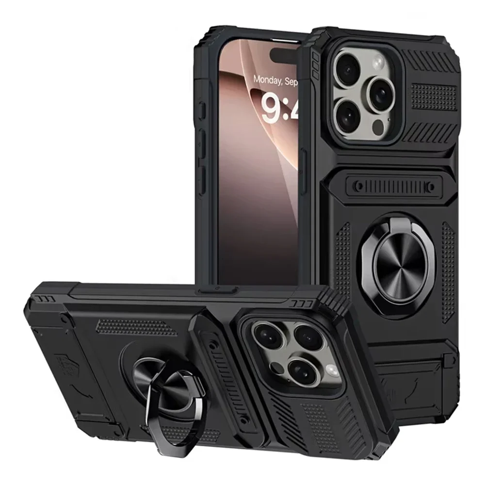 Heavy Duty Magnetic Rotated Ring Holder Phone Case For IPhone 17 Air 16 15 14 Plus 13 Pro Max Anti-Drop Wallet Protection Cover