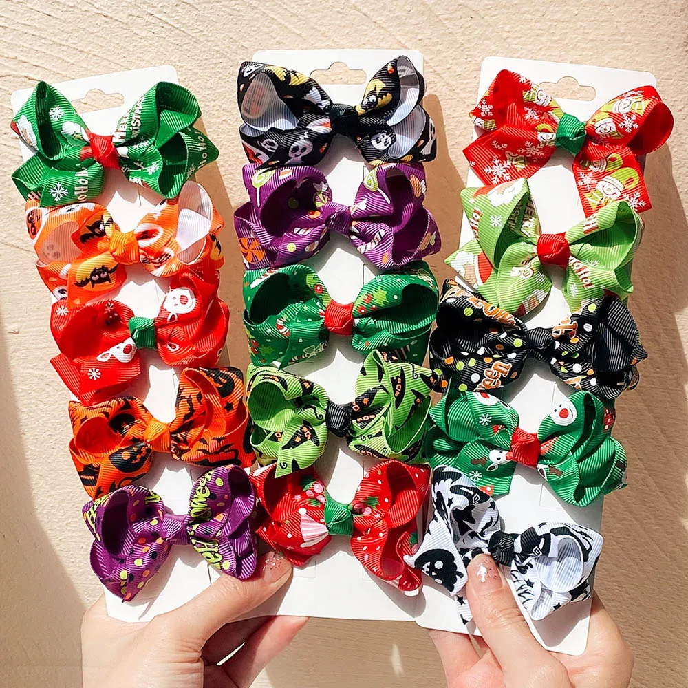 

10Pcs/Set Pumpkin Halloween Bows Clip For Girls Santa Christmas Print Bowknot Hairpins Headwear Kids Hair Accessories Wholesale