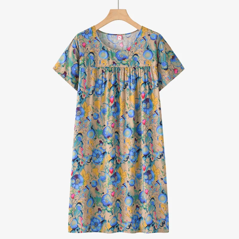 Middle-Aged and Elderly Cotton Silk Short-Sleeved Nightgown Homewear Women New Pajamas Thin Section Loose Homewear Dress Summer