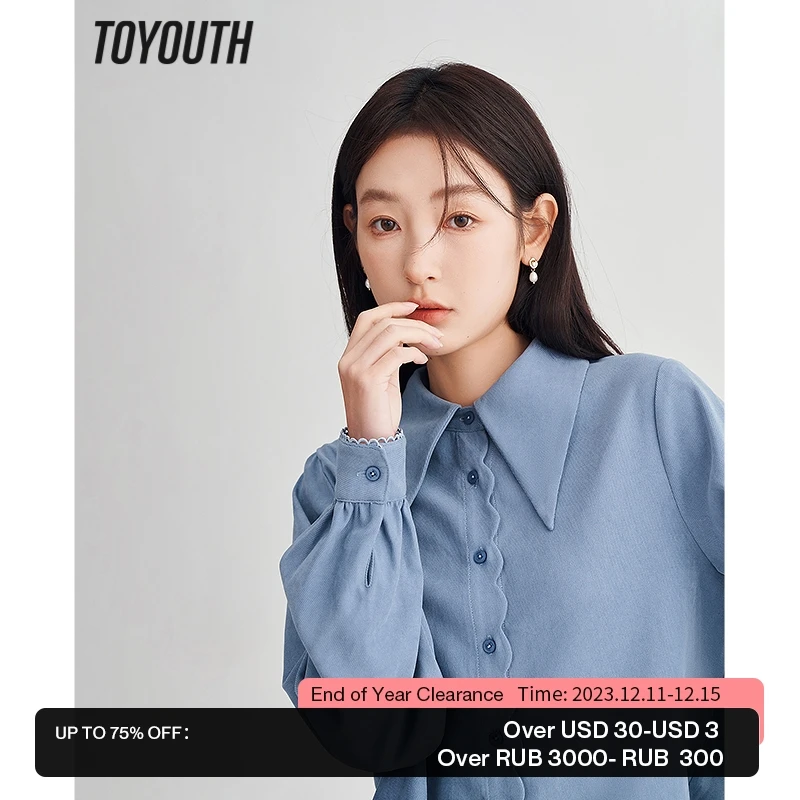 

Toyouth Women Shirts 2023 Spring Long Sleeve Polo Neck Loose Blouse Petal Cuffs White Blue Elegant Chic All-match Tops
