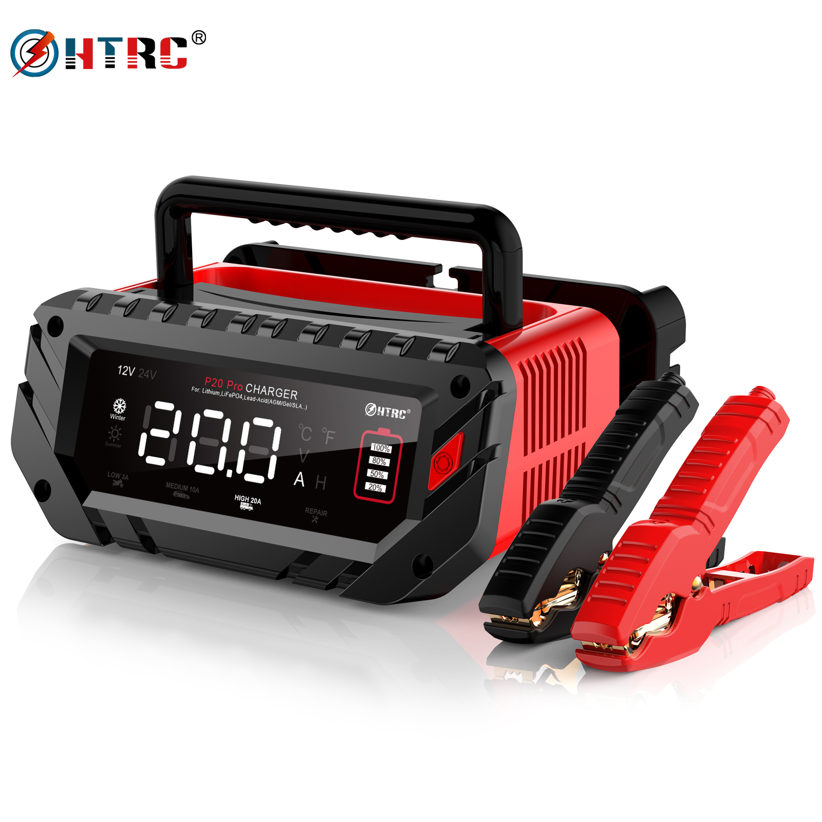 HTRC 20A Pro 12V-24V LiFePo4 Car Battery Charger Maintainer for Motorcycle Boat Lead-Acid Lithium AGM PB GEL LCD Smart Charger