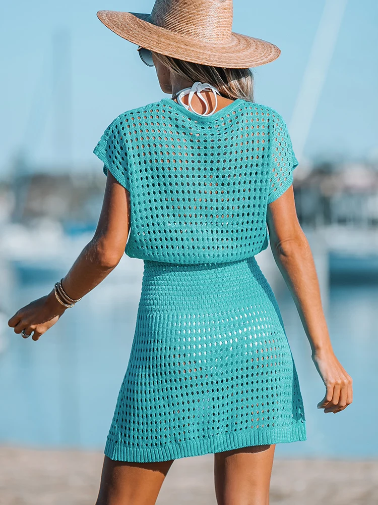 CUPSHE Cutout Crochet Bikini Swim Cover Up For Women Sexy V-neck Short Sleeve Beach Tunic Mini Dress 2023 Summer Beachwear
