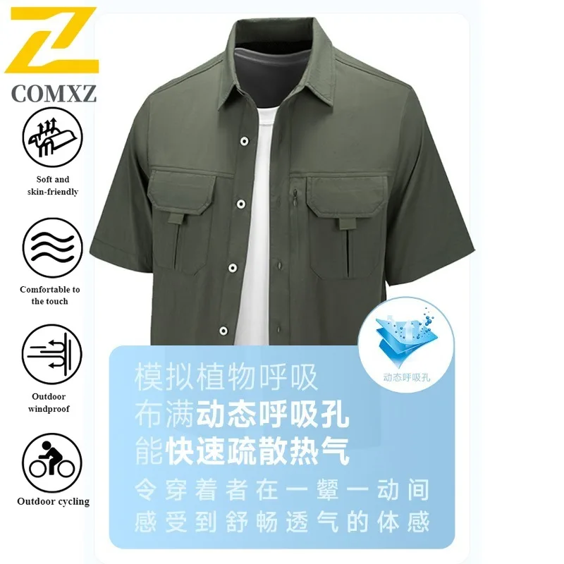 Spring Men's Ice Silk Camp Shirt Breathable Short Sleeve Utility Shacket with Multi-Pockets for Outdoor Streetwear Sports Jacket